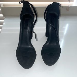 Black suede platform block strapped heels